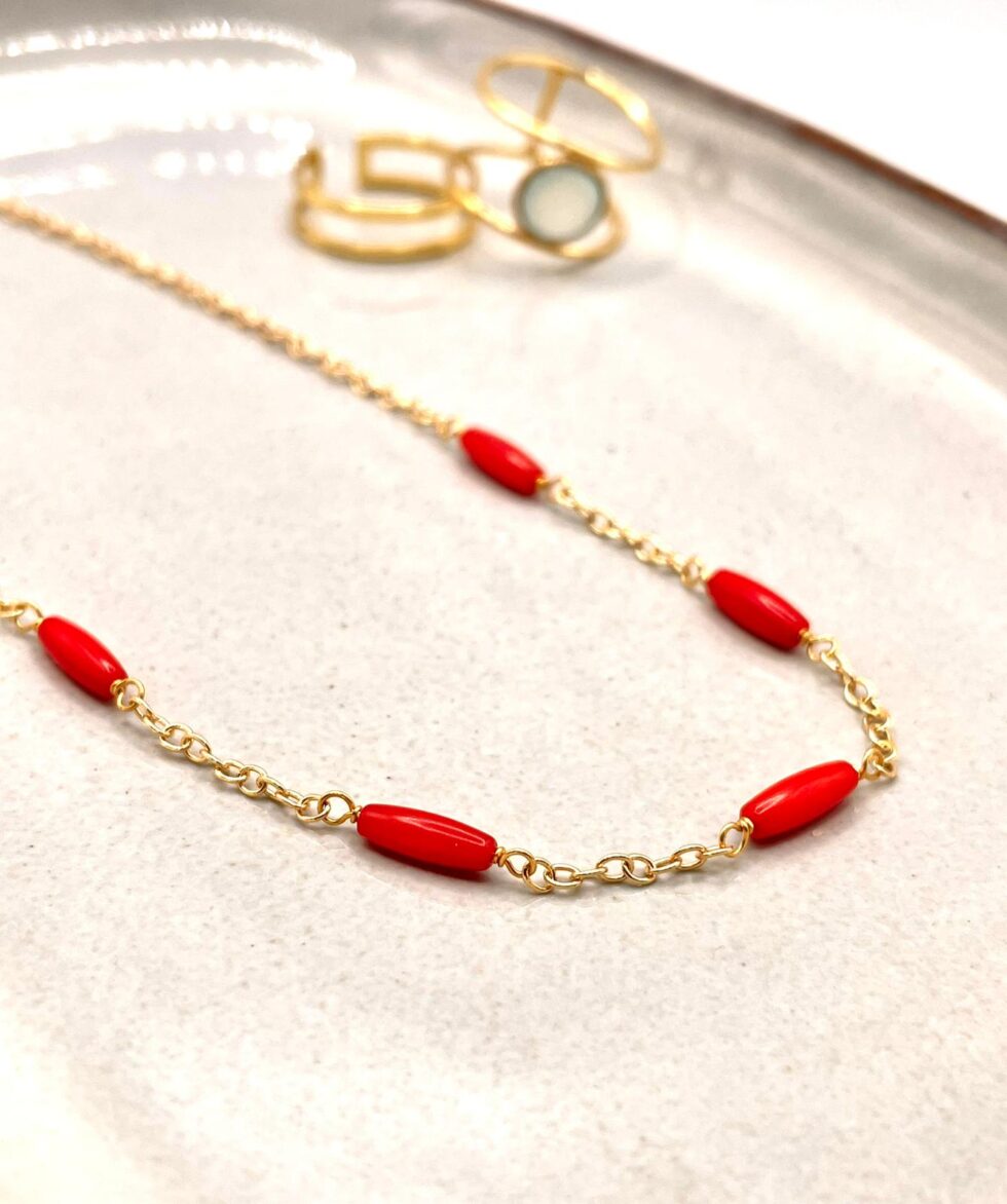 Collar rojo plata baño oro