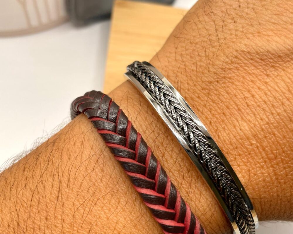 pulsera cuero hombre rojo-negro